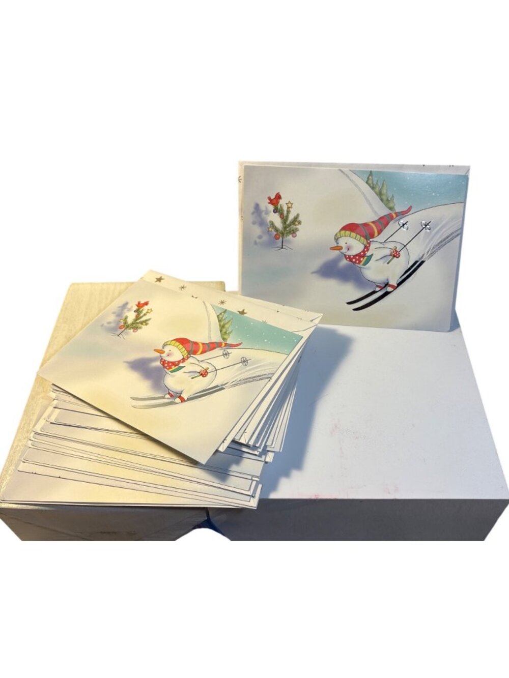 18 Christmas Cards Set Snowman Skiing Design Set Of 18 Envelopes Vtg Paper Magic